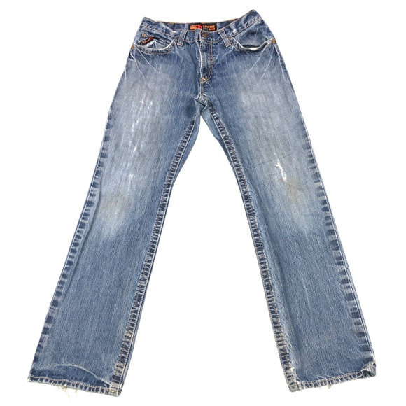Ariat Jeans Mens 33x32 FR Low Rise M4 Boot Cut Medium Wash Distressed Tag 33x36 - Picture 1 of 12
